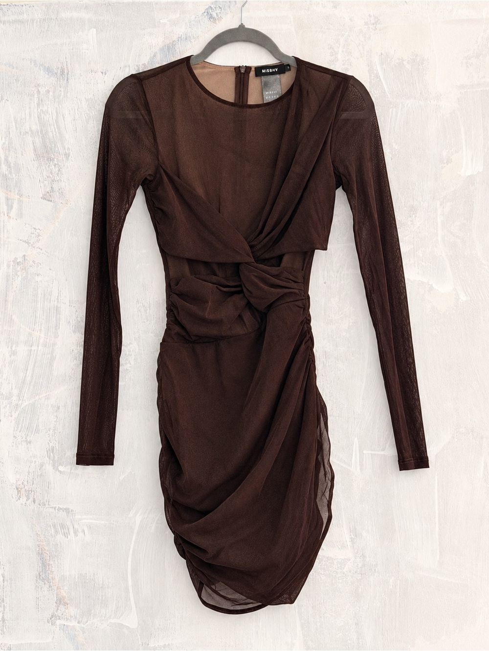 Misbhv Mesh Twist-Front Long Sleeve Dress in Brown